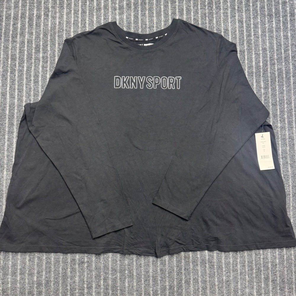 DKNY Sport Womens 2X Black Relaxed Fit Long Sleeve Logo Tee DPPT8522 (2432)